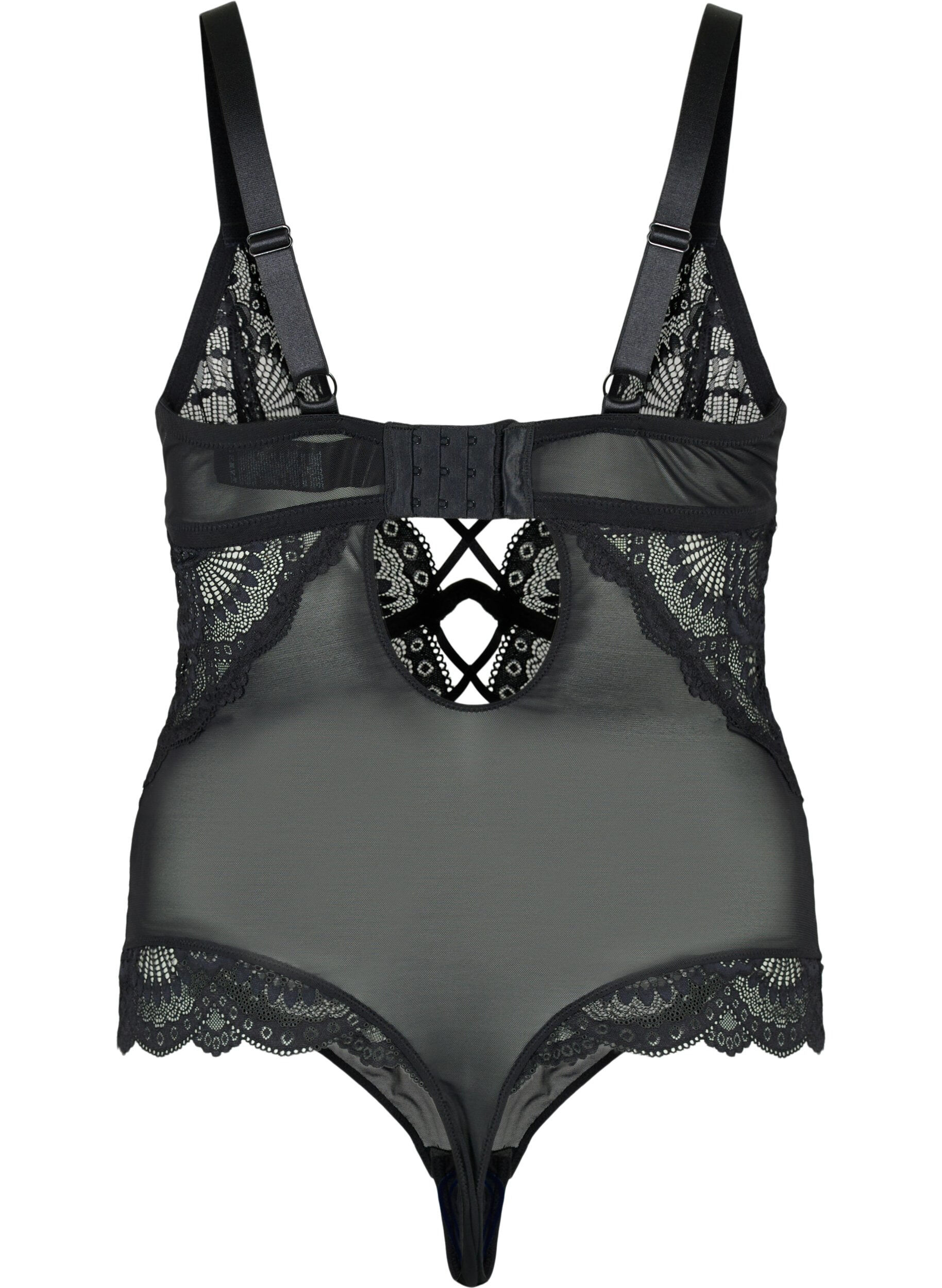 Zizzi Blonde bodystocking med string-detaljer, Sort, Packshot image number 1