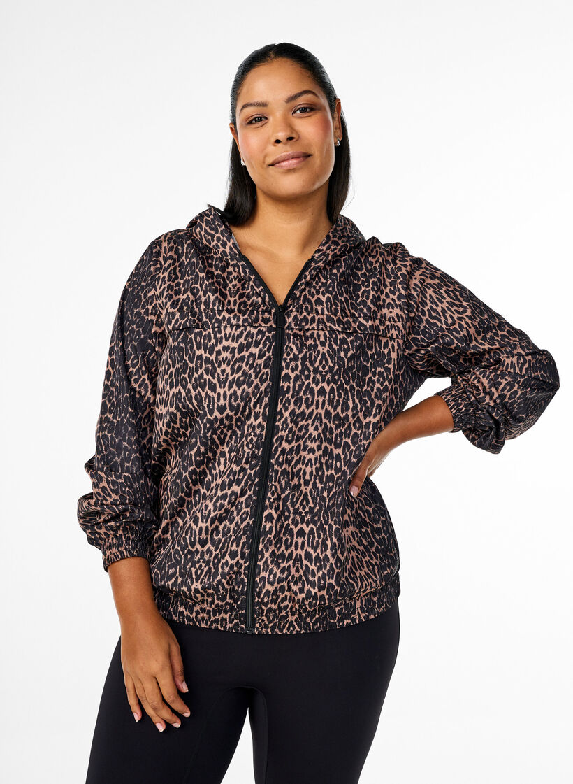 Sportsjakke med leopardprint og hætte, Brun, Model image number 0