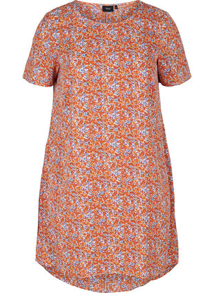 Printet kjole med korte ærmer, Orange Flower AOP, Packshot image number 0