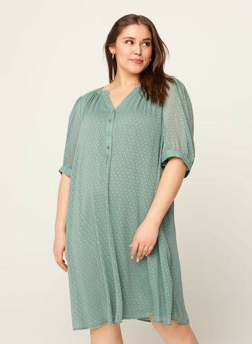 Kjole med korte ærmer og knapper, Chinois Green, Model image number 0