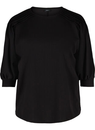 Bluse med 3/4 ærmer og plisséfold, Black, Packshot image number 0