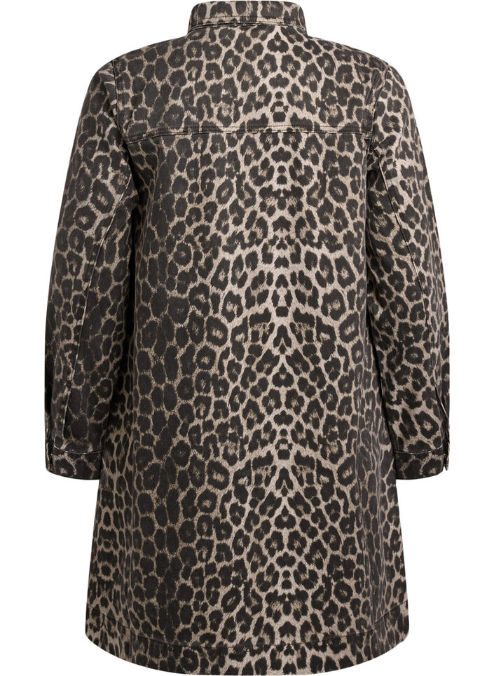 Langærmet denimkjole med leopardprint, Leo AOP, Packshot image number 1