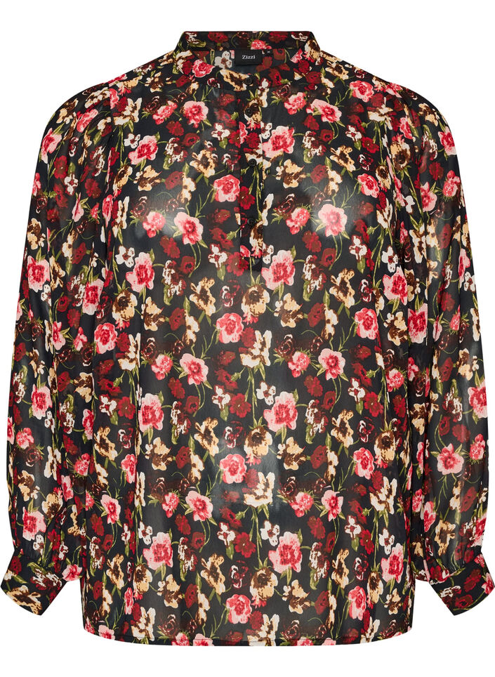 Bluse med all-over print og kort knapstolpe, Lyser&oslash;d, Packshot image number 0
