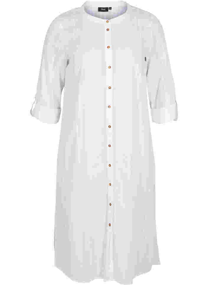 Bomulds skjortekjole med 3/4 ærmer, Bright White, Packshot image number 0