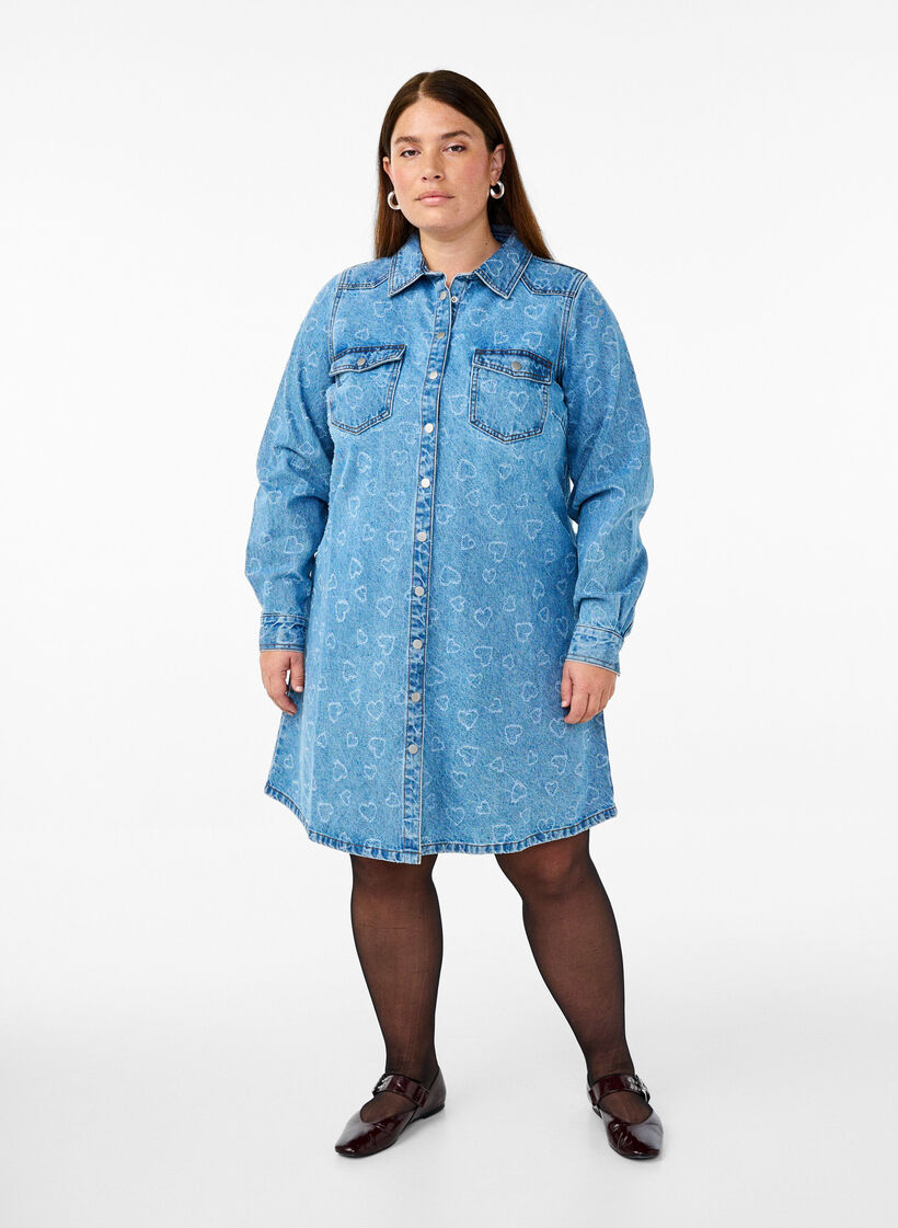 Denimkjole med hjerte mønster , Blå, Model image number 1