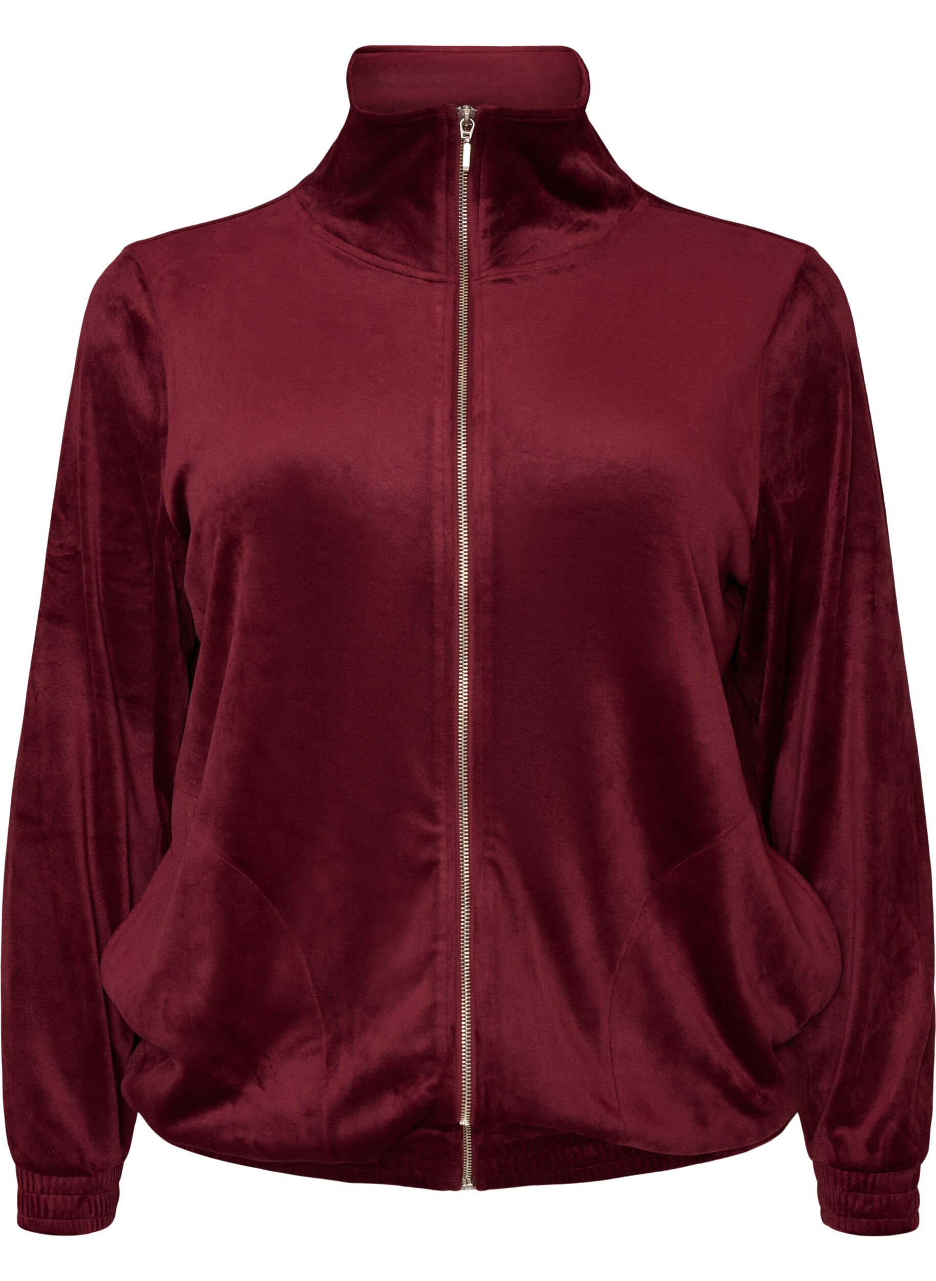 ZizziCardigan i bl&oslash;d velour med lynl&aring;s og h&oslash;j krave, R&oslash;d, Packshot image number 0