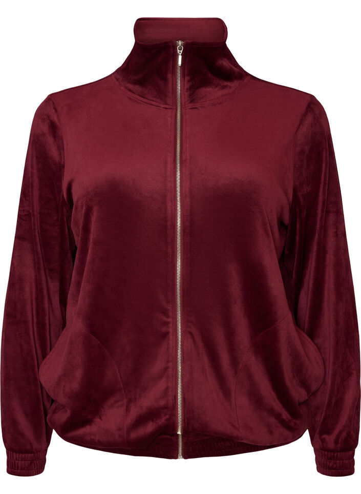 Cardigan i bl&oslash;d velour med lynl&aring;s og h&oslash;j krave, R&oslash;d, Packshot image number 0
