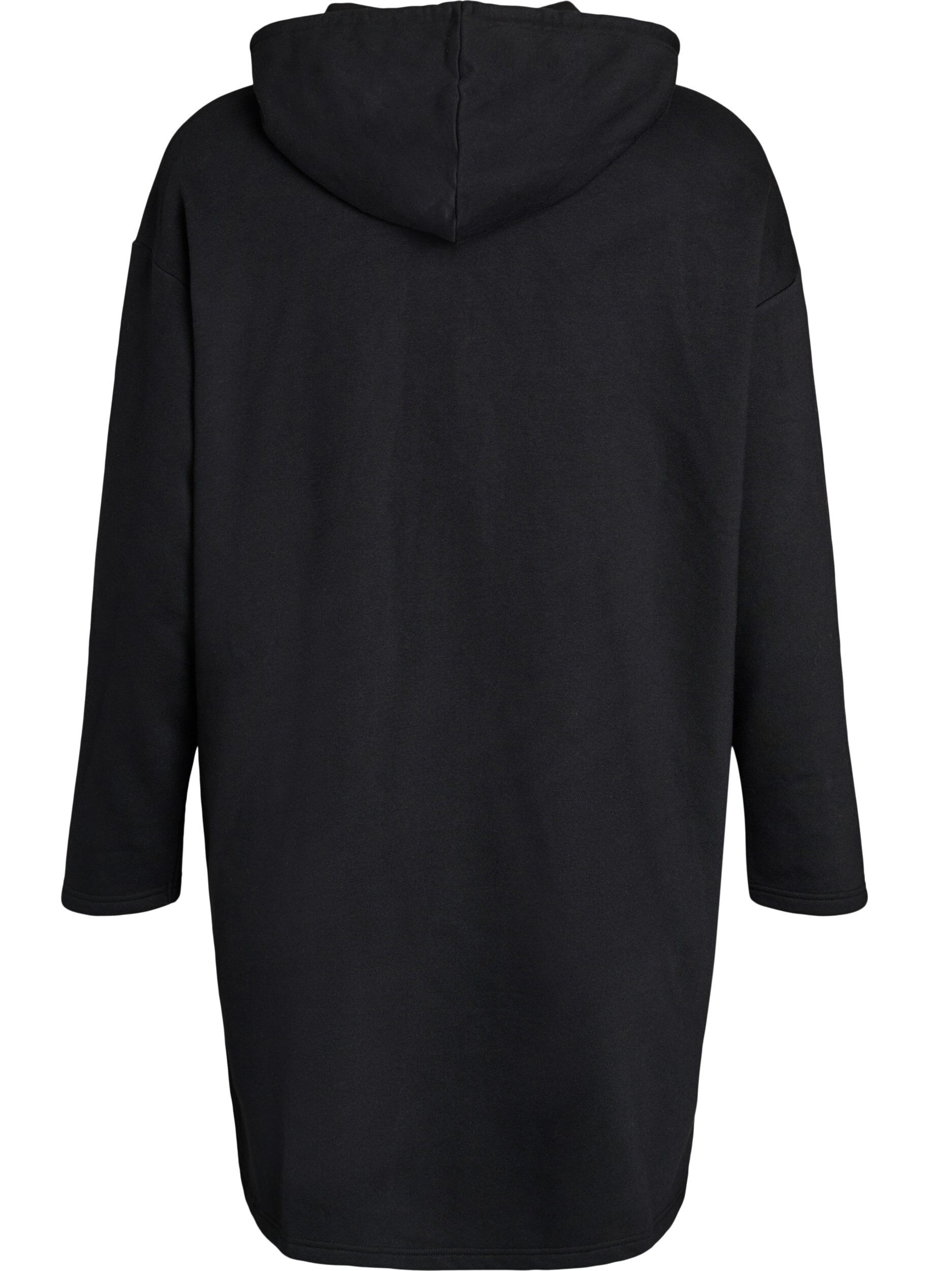 Zizzi Lang bomulds sweat cardigan med h&aelig;tte, Sort, Packshot image number 1