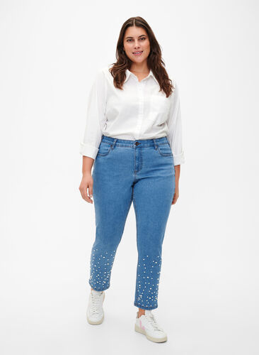 Slim fit Emily jeans med perler , Light Blue, Model image number 0