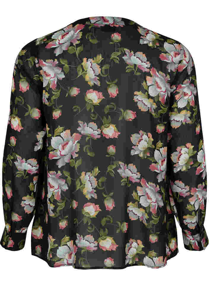 Skjorte med v-udskæring og print, Black/Beige Flower, Packshot image number 1