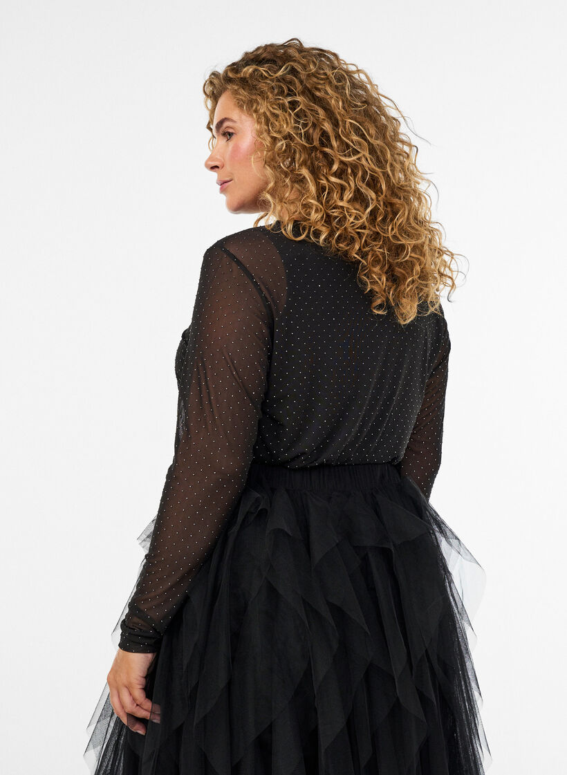 Transparent meshbluse med rhinsten, Sort, Model image number 2