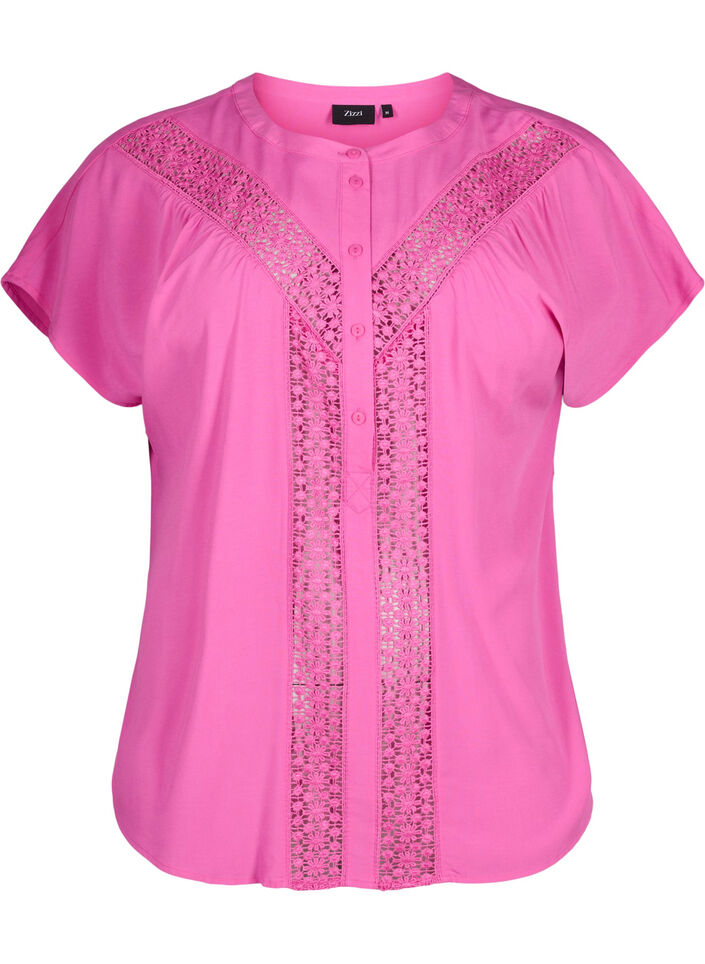 Viskose bluse med blondebånd, Raspberry Rose, Packshot image number 0