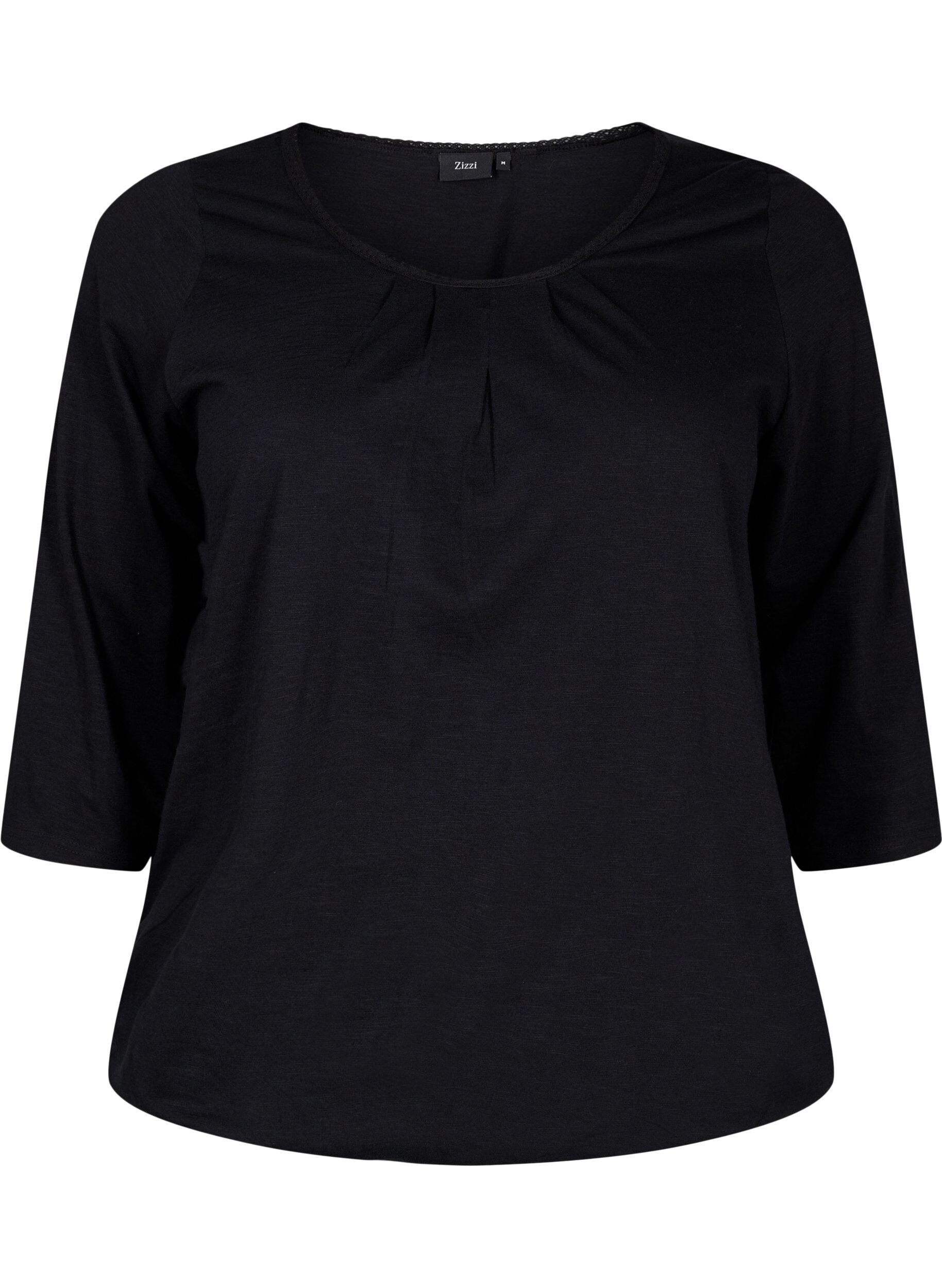 Zizzi Bomuldsbluse med 3/4 &aelig;rmer, Black, Packshot image number 0