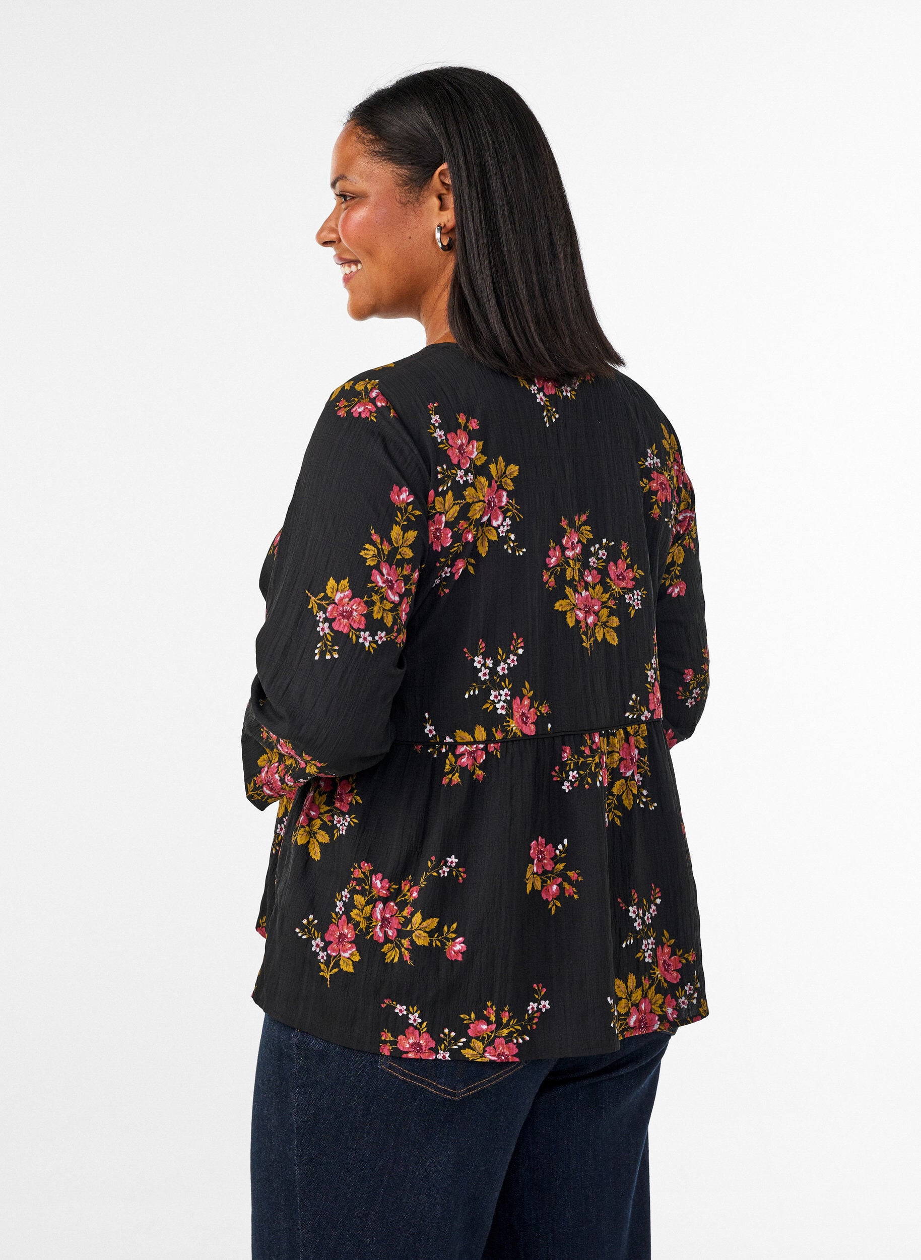 ZizziLang&aelig;rmet bluse med blomsterprint, Sort, Model image number 2