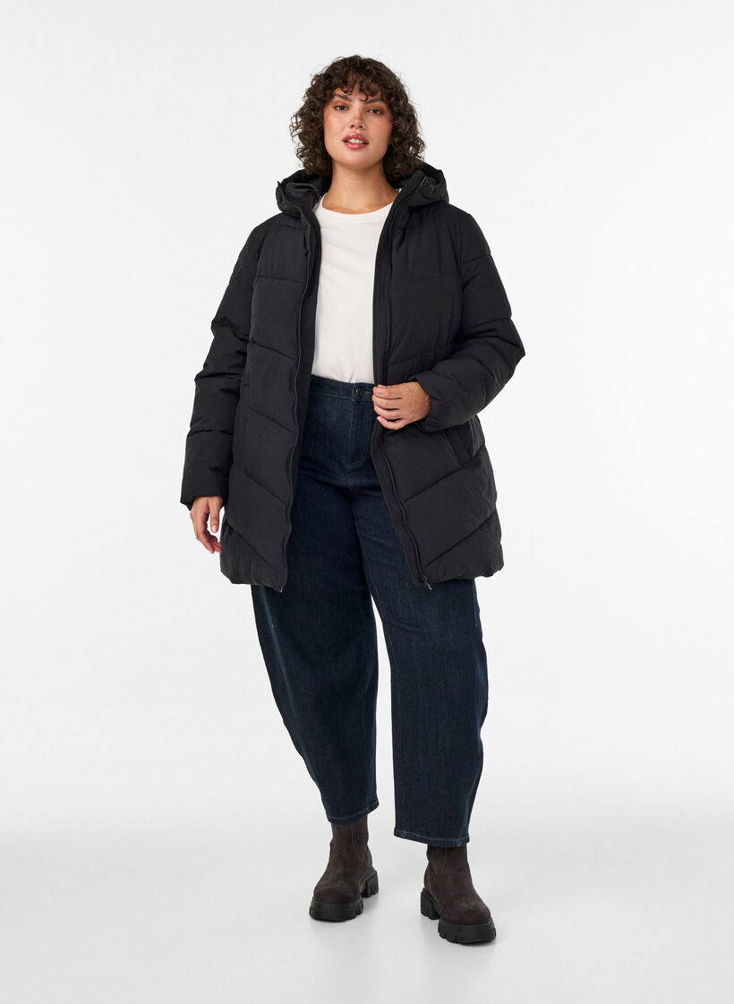 Mellemlang pufferjakke med h&aelig;tte, Sort, Model image number 1
