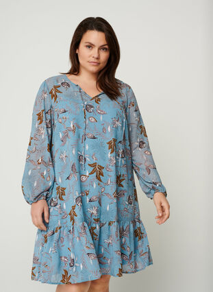 Langærmet kjole med blomsterprint, Light Blue AOP, Model image number 0