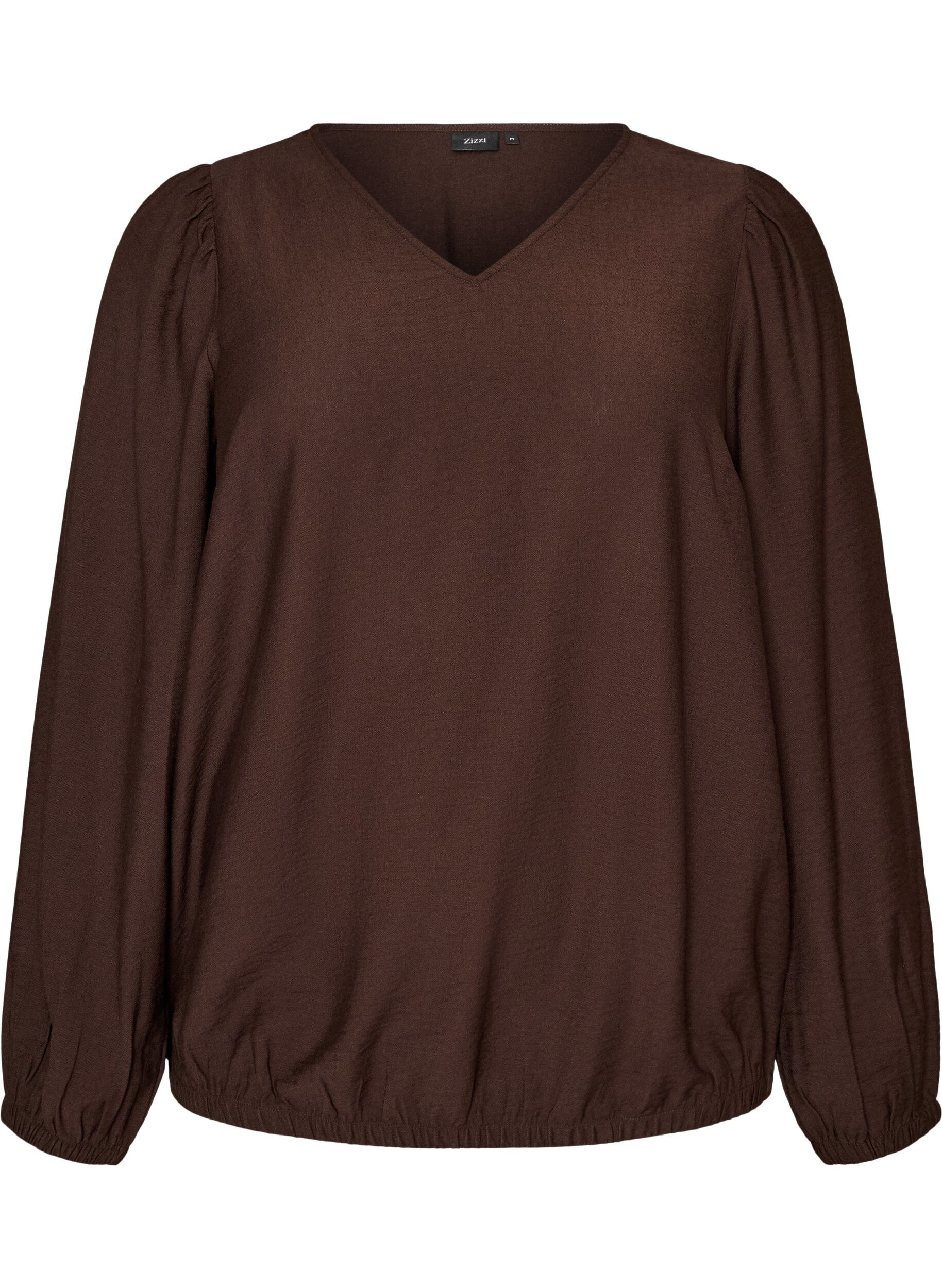 ZizziViskosebluse med V-hals og ballonpasform, Brun, Packshot image number 0