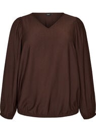 Viskosebluse med V-hals og ballonpasform, Brun