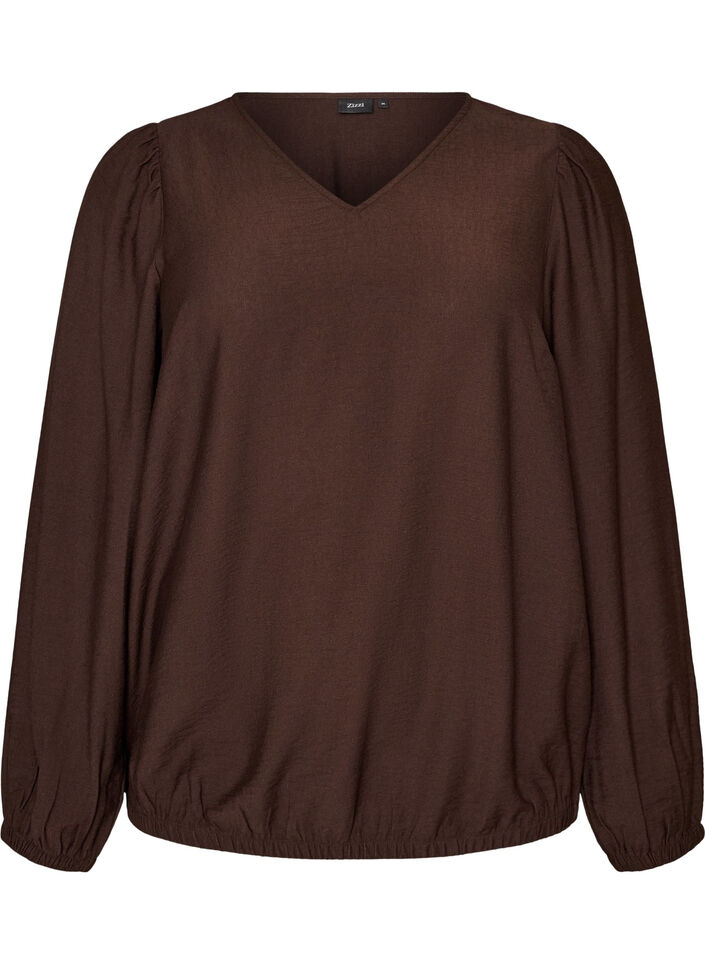 Viskosebluse med V-hals og ballonpasform, Brun, Packshot image number 0