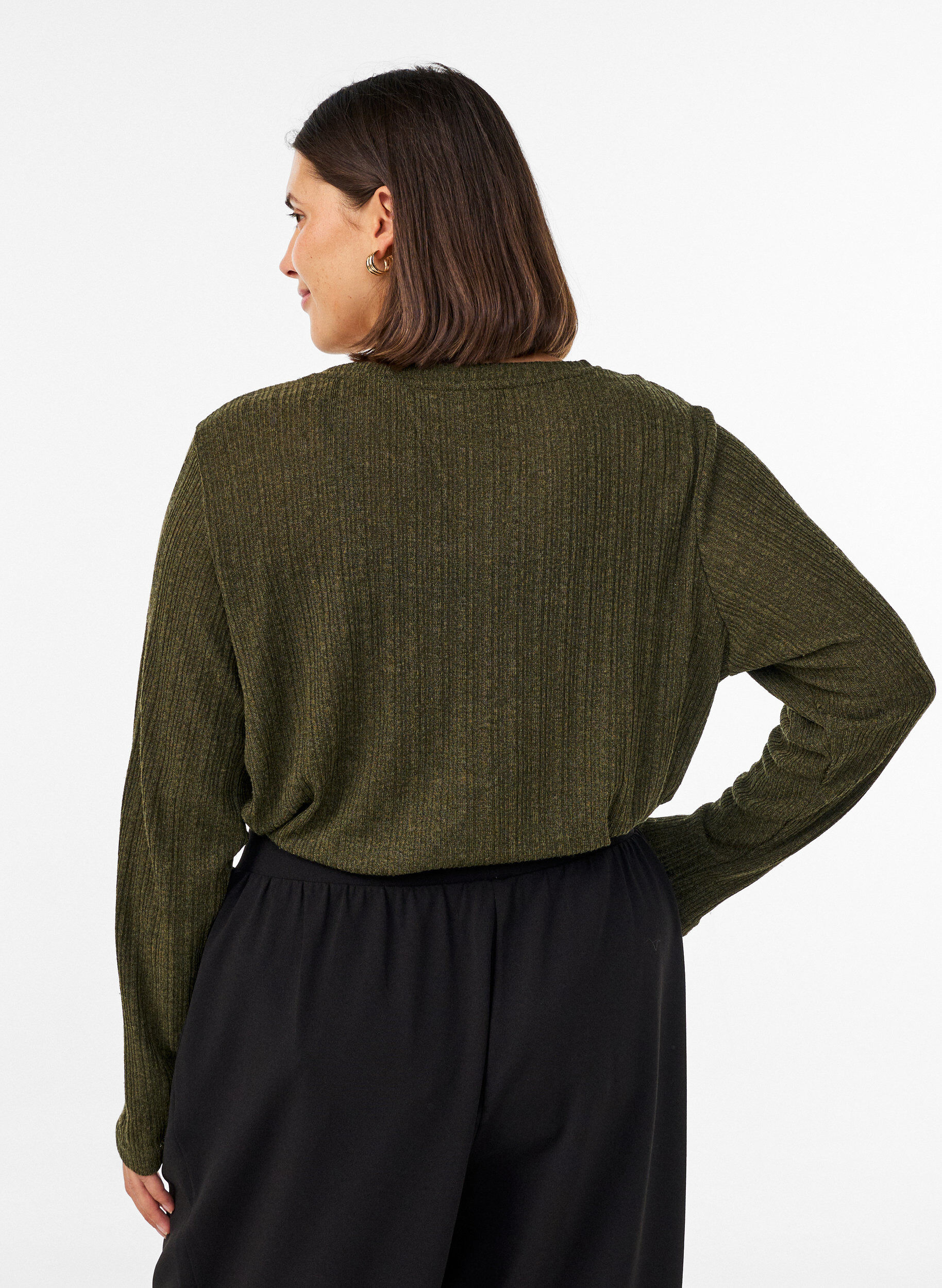 ZizziJerseybluse med ribstruktur og lange &aelig;rmer, Gr&oslash;n, Model image number 2