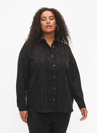 Skjortejakke i viskose med tone-i-tone mønster, Black, Model image number 0