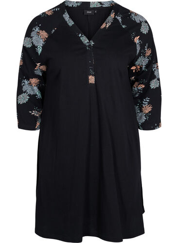 Bomulds natkjole med printdetaljer, Black Flower AOP, Packshot image number 0
