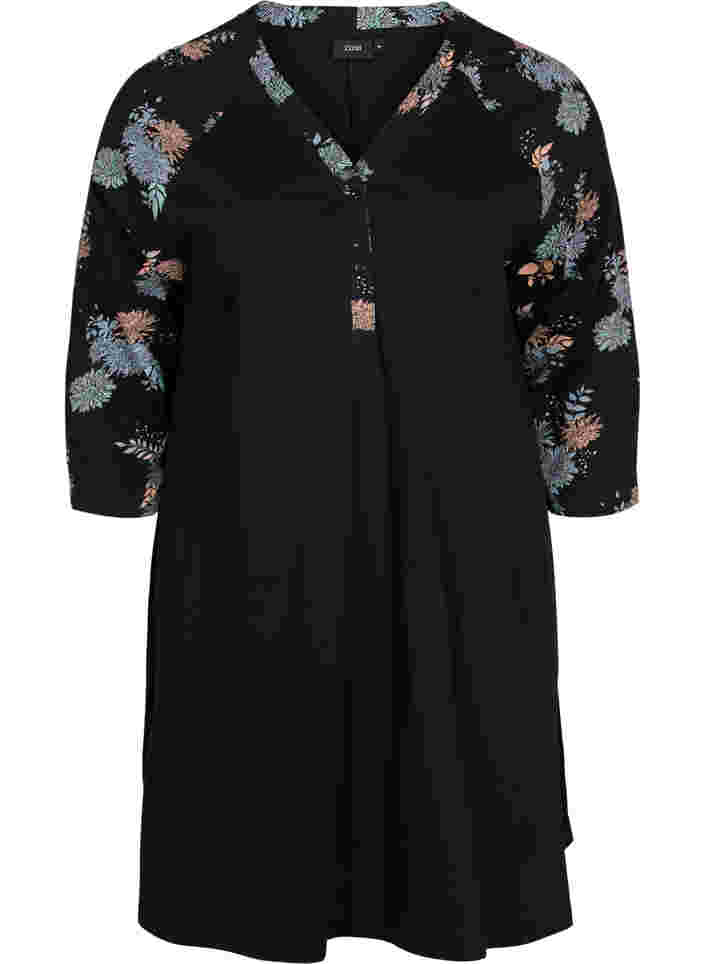 Bomulds natkjole med printdetaljer, Black Flower AOP, Packshot image number 0