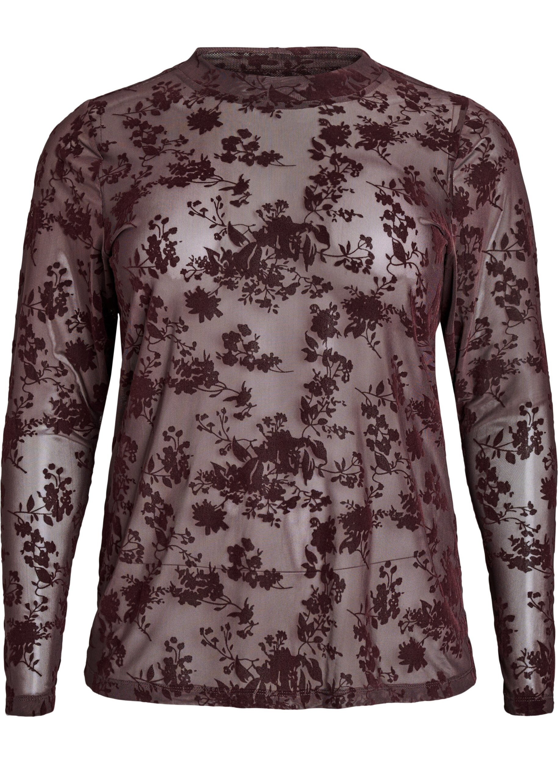 Zizzi Meshbluse med blomsterm&oslash;nster, Brun, Packshot image number 0