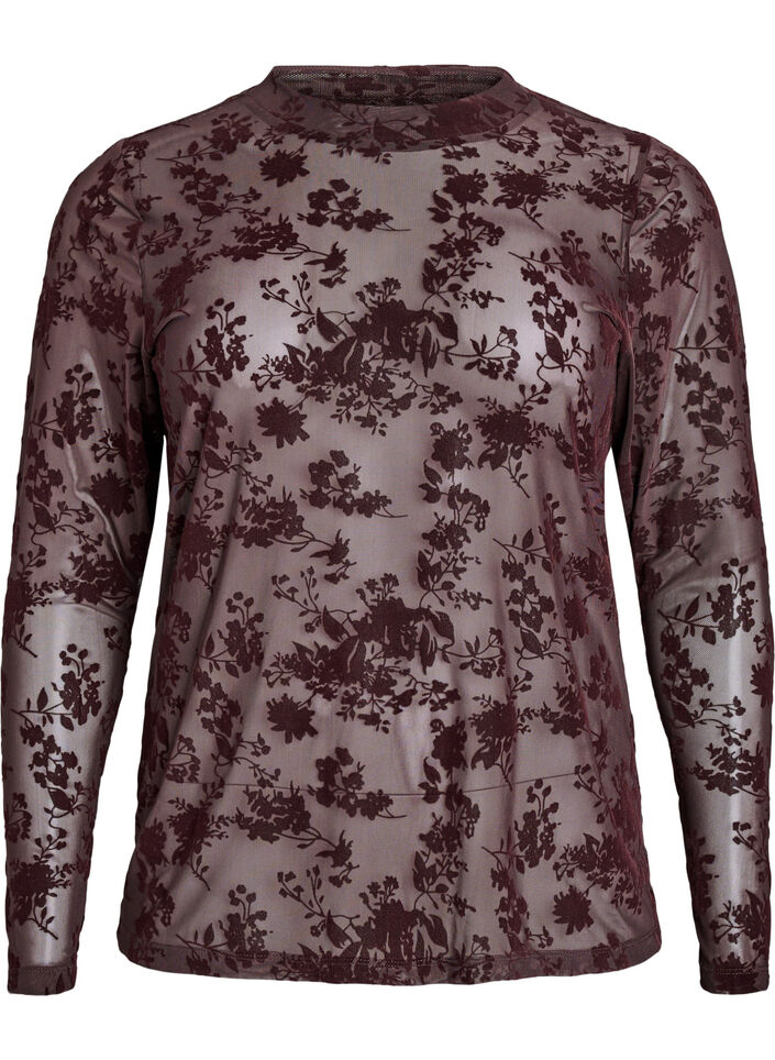 Meshbluse med blomstermønster, Brun, Packshot image number 0