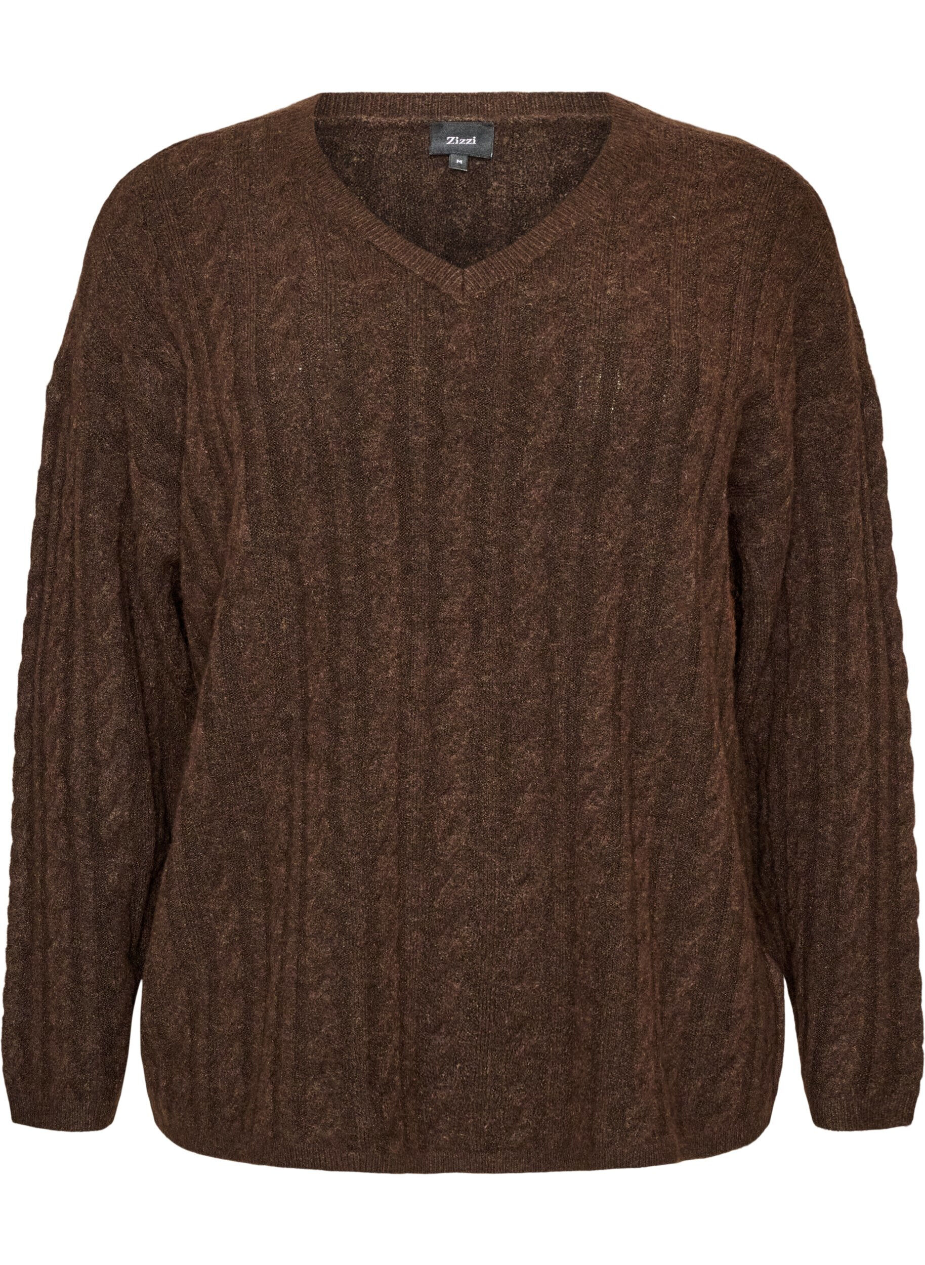 ZizziStrikbluse med kabelstrik og V-udsk&aelig;ring, Brun, Packshot image number 0