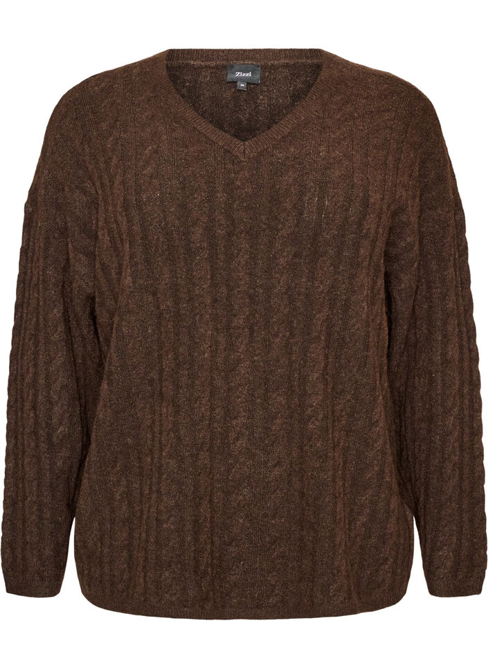 Strikbluse med kabelstrik og V-udsk&aelig;ring, Brun, Packshot image number 0