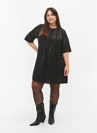 A-formet kjole med striber og 1/2 ærmer, Black, Model image number 2