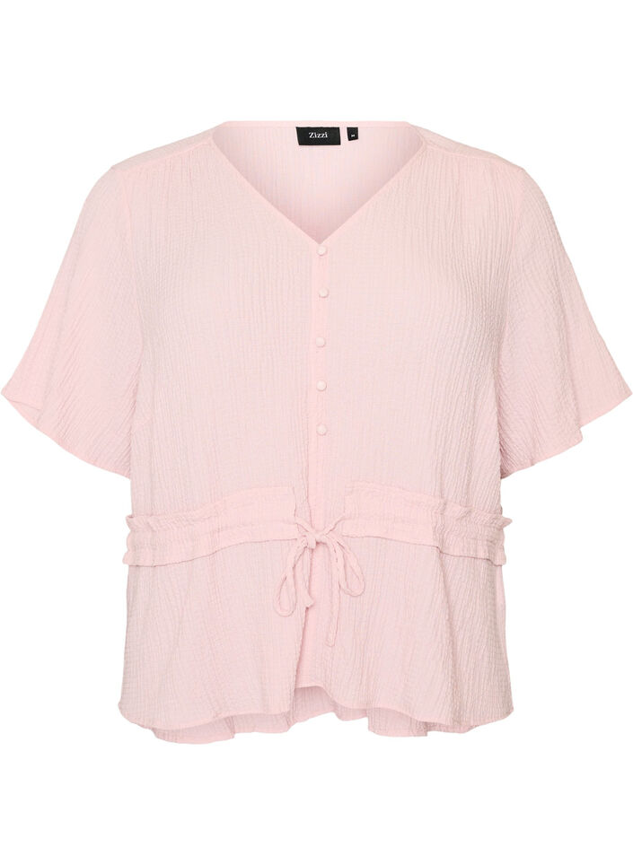 Bluse med struktur og bindeb&aring;nd i taljen, Lyser&oslash;d, Packshot image number 0
