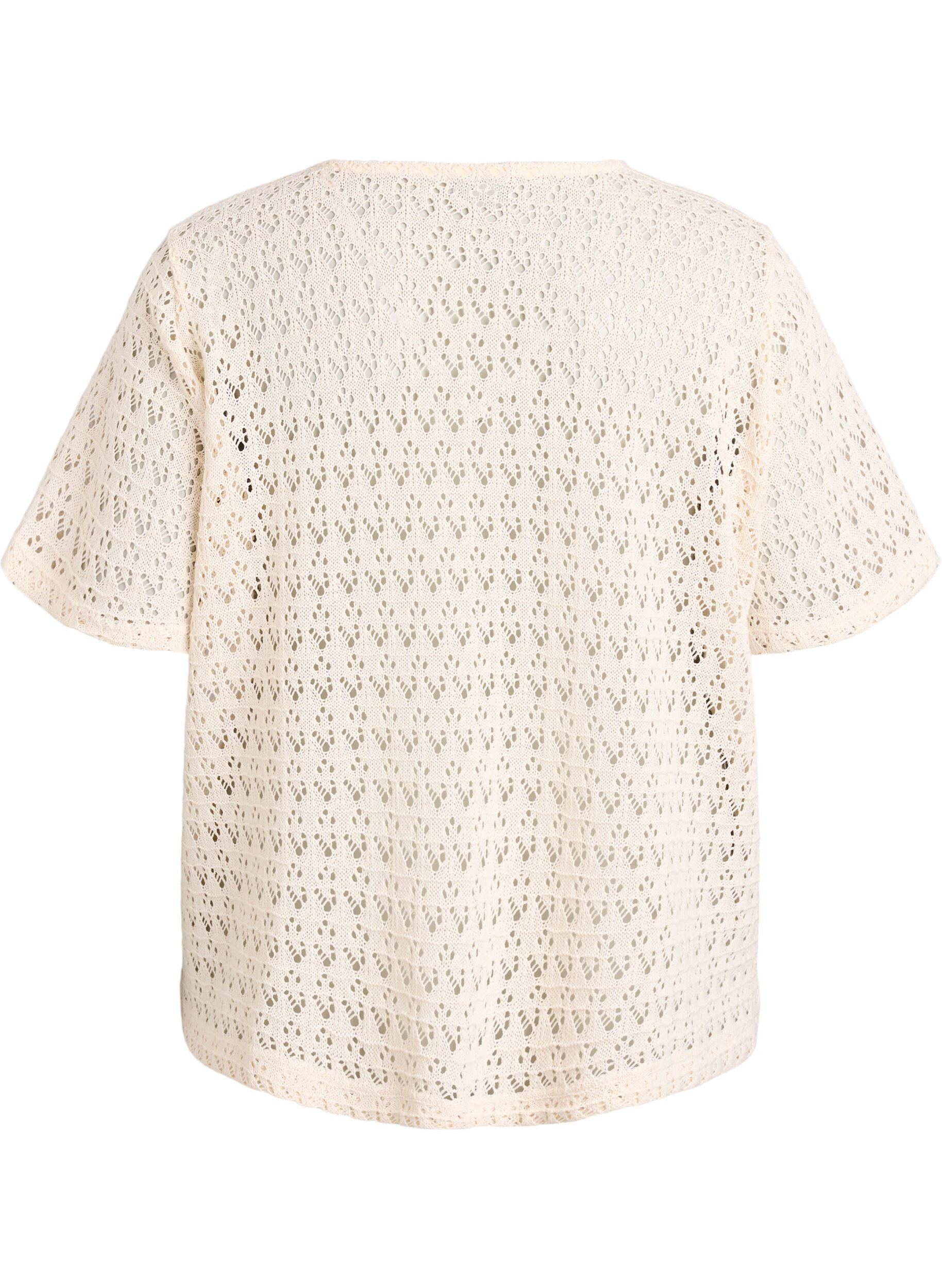 ZizziKort&aelig;rmet bluse med hulm&oslash;nster, Beige, Packshot image number 1