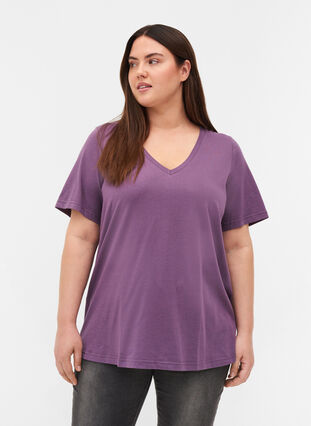 T-shirt i økologisk bomuld med v-udskæring, Vintage Violet, Model image number 0