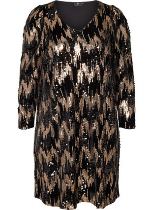 Langærmet velour kjole med pailletter, Black w. Sequins, Packshot image number 0