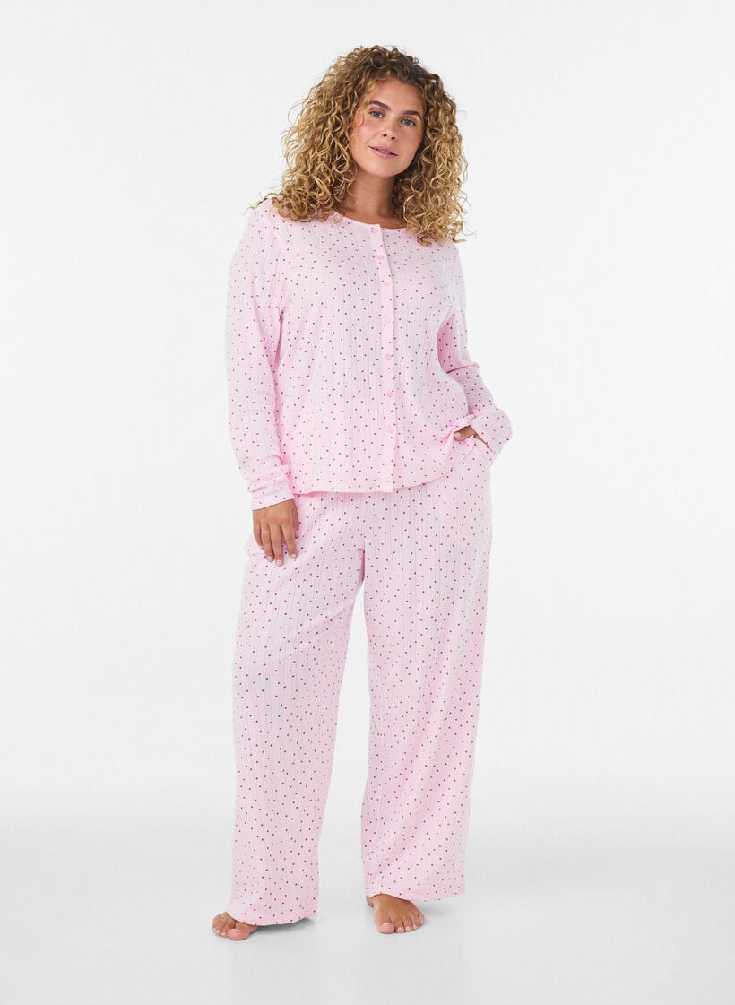 Pyjamabukser i &oslash;kologisk bomuld med hulm&oslash;nster, Lyser&oslash;d, Model image number 1