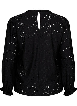 Langærmet bluse med hulmønster, Black, Packshot image number 1