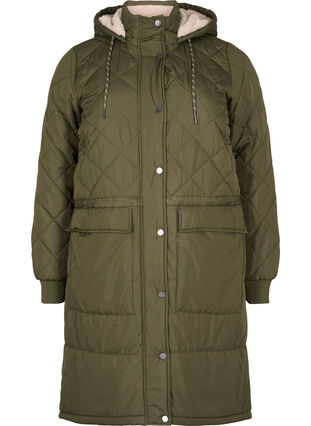 Quiltet jakke med hætte og justerbar talje, Forest Night, Packshot image number 0