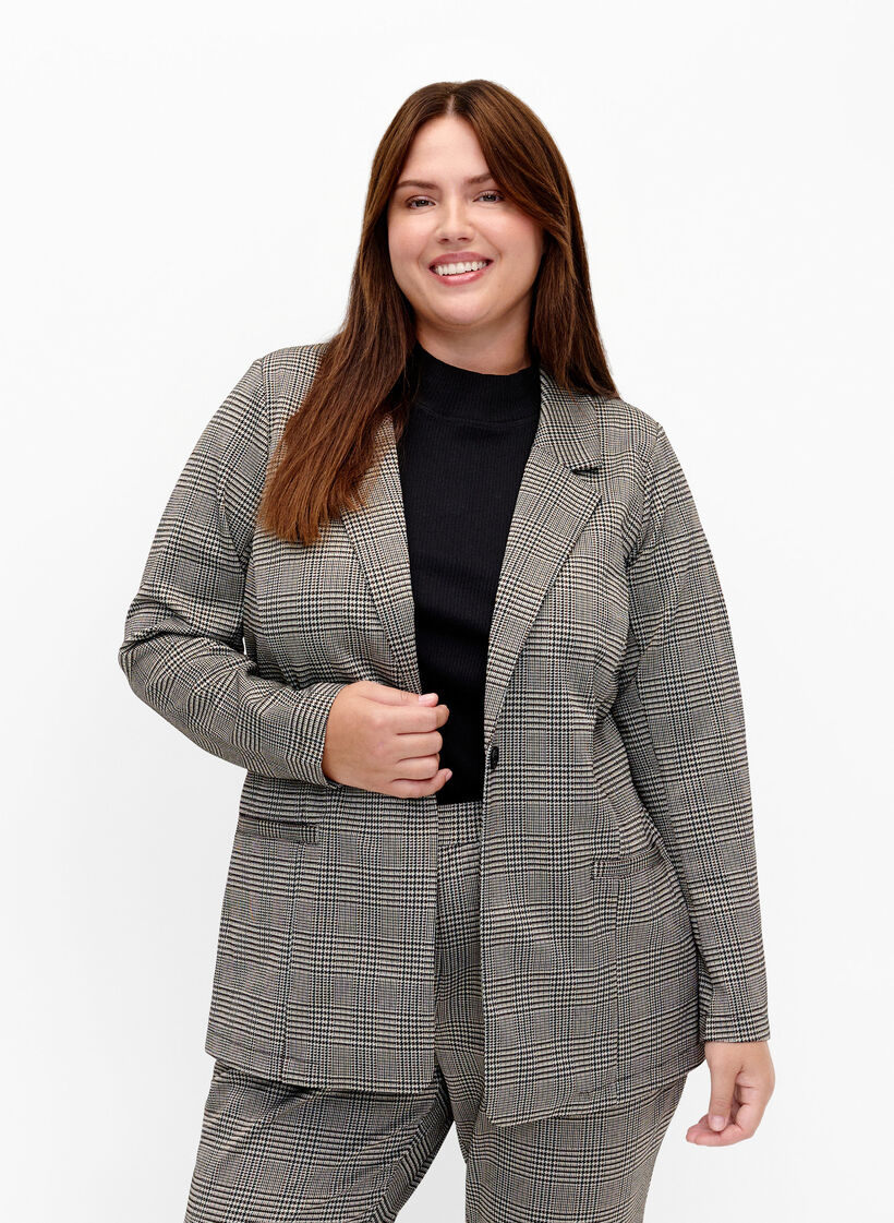 Ternet blazer med knaplukning, Beige Brown Check, Model image number 0