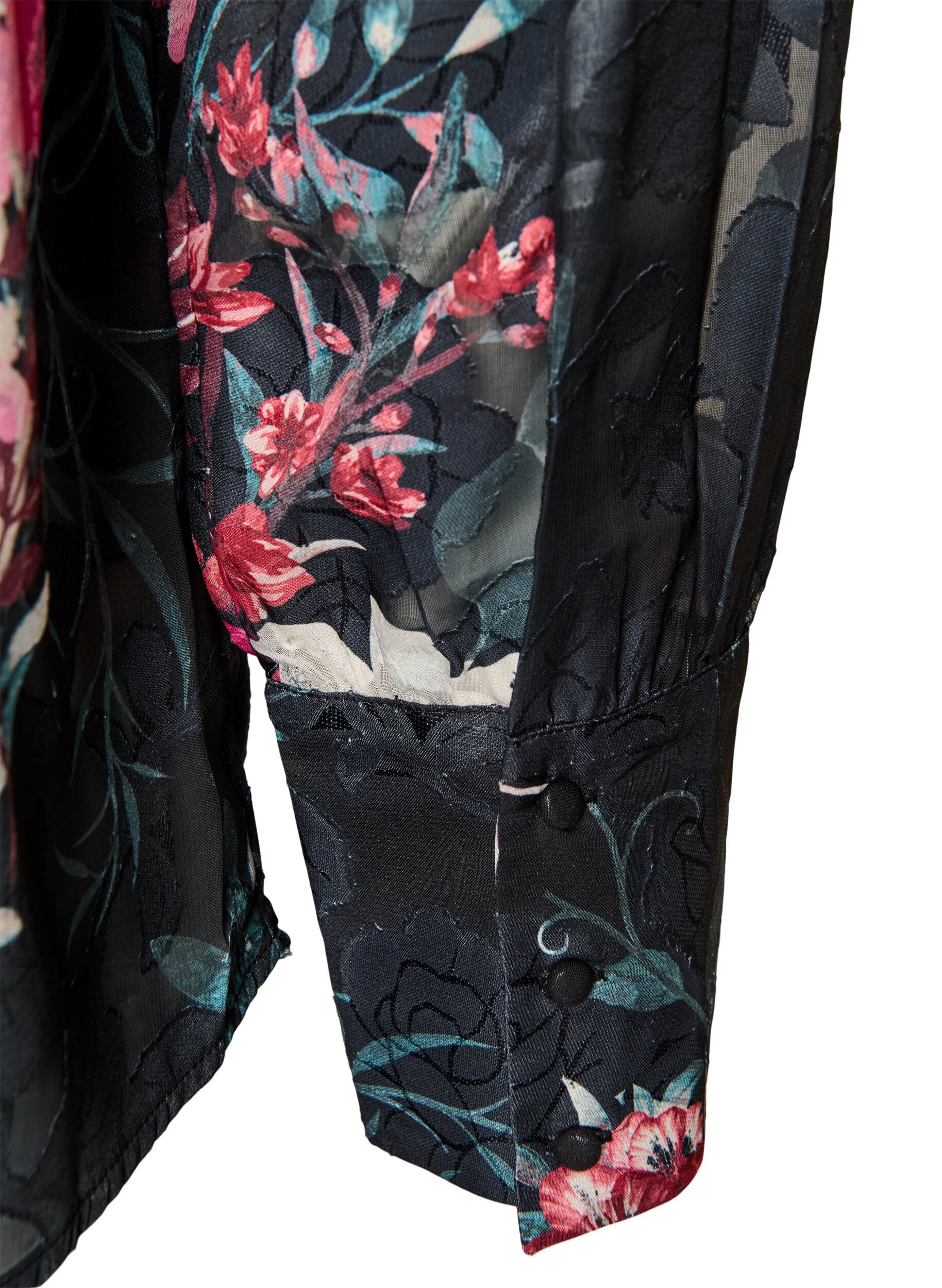 ZizziBlomstret bluse med v&aelig;vet struktur, Sort, Packshot image number 3