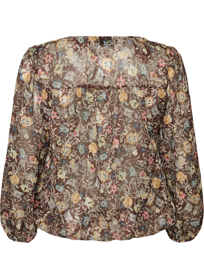 Bluse med blomsterprint og balloneffekt, Brun, Packshot image number 1