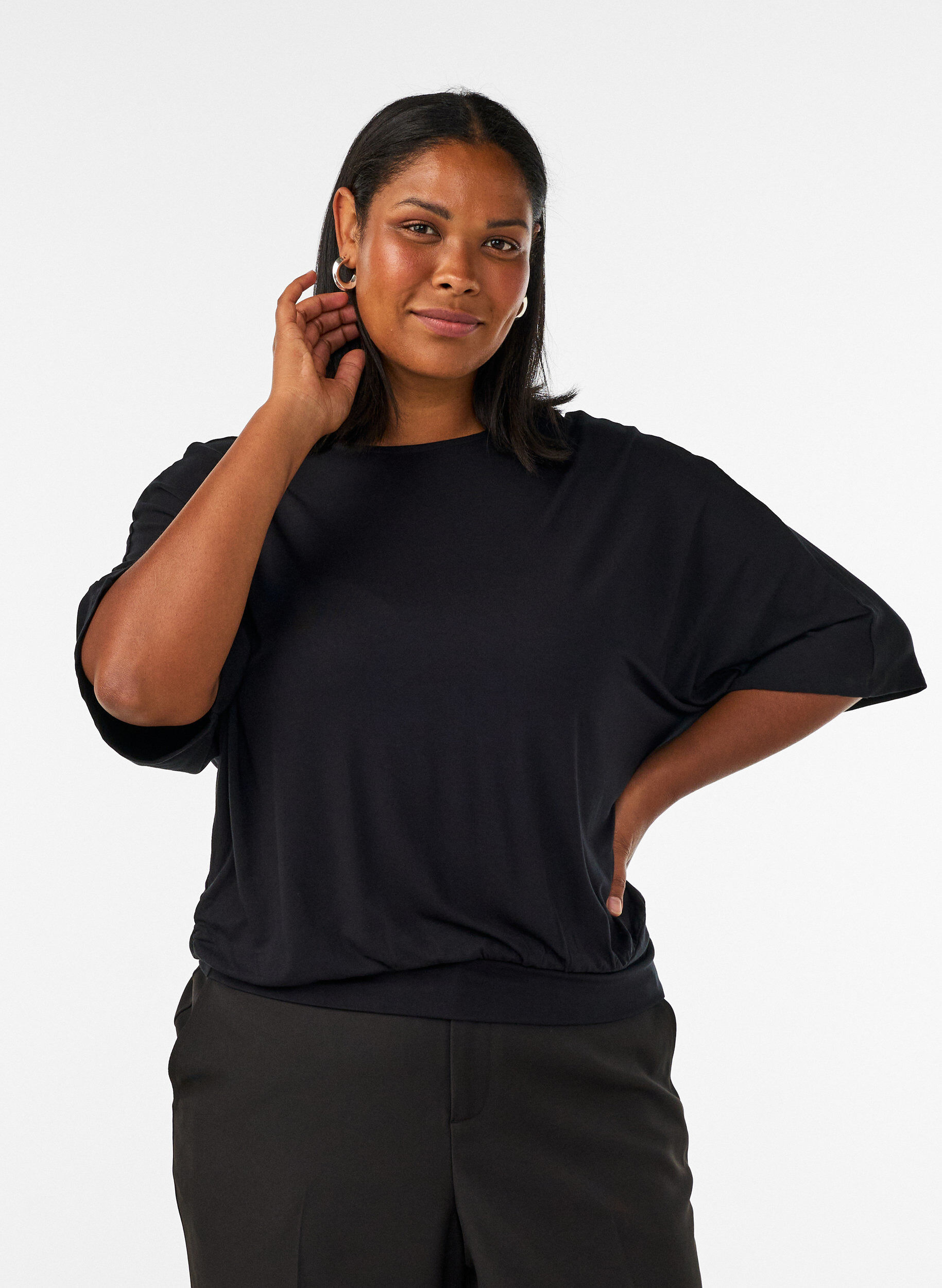 ZizziJerseybluse med albuelange &aelig;rmer og balloneffekt, Sort, Model image number 0