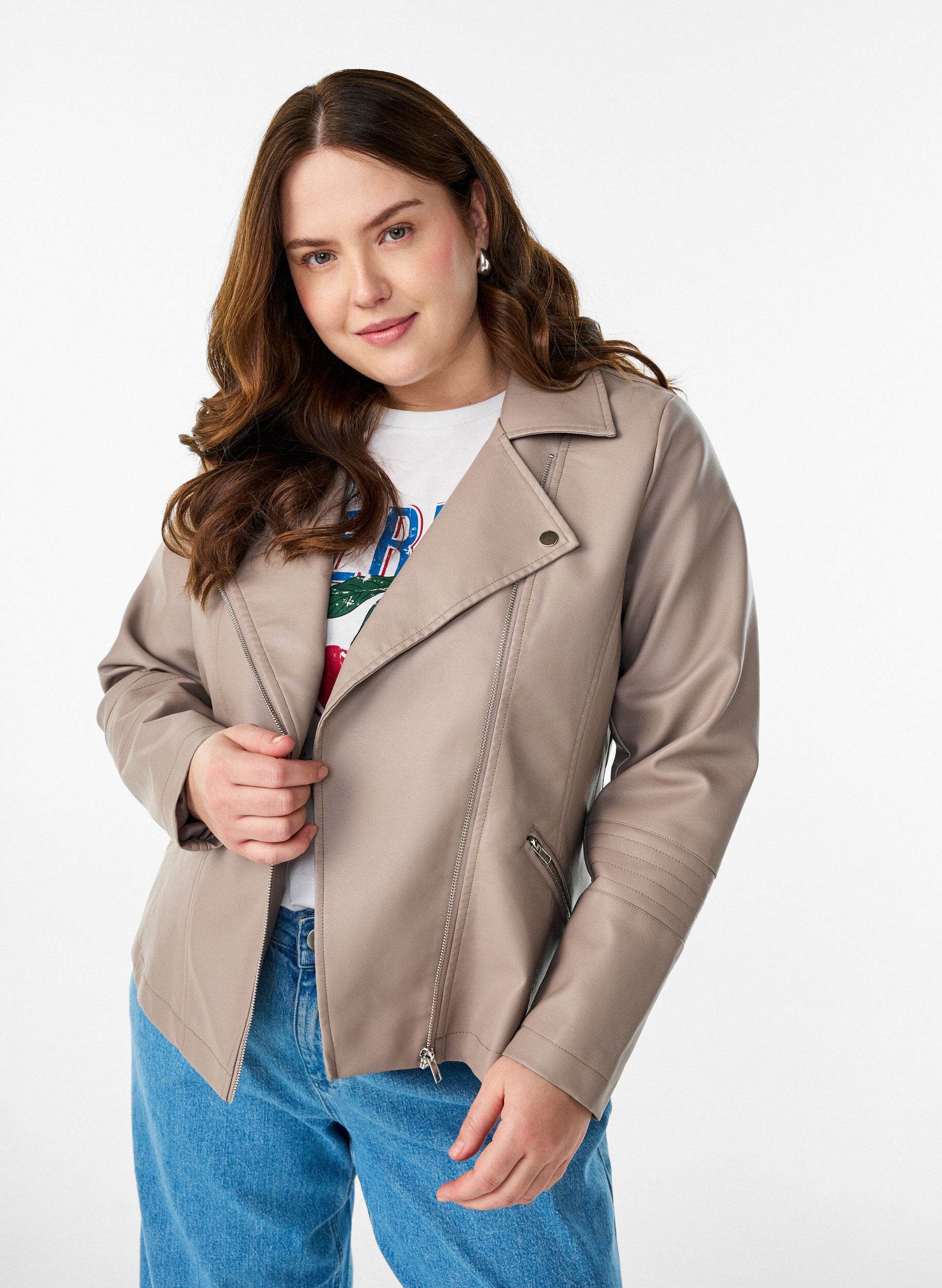Bikerjakke i imiteret l&aelig;der , Beige, Model