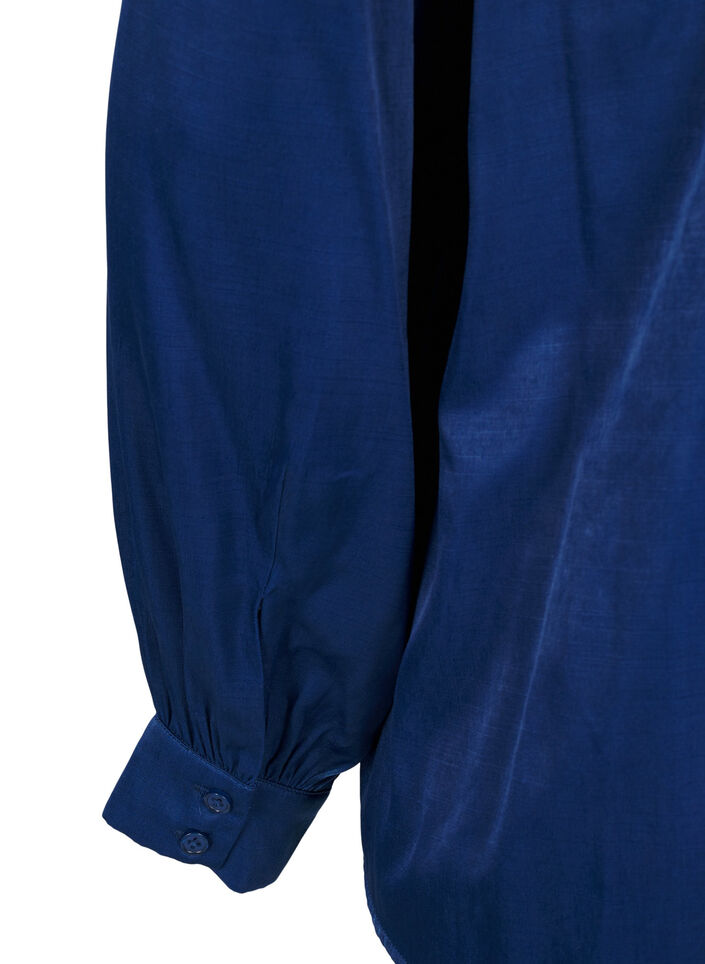 Langærmet bluse med flæser og v-hals, Estate Blue, Packshot image number 4