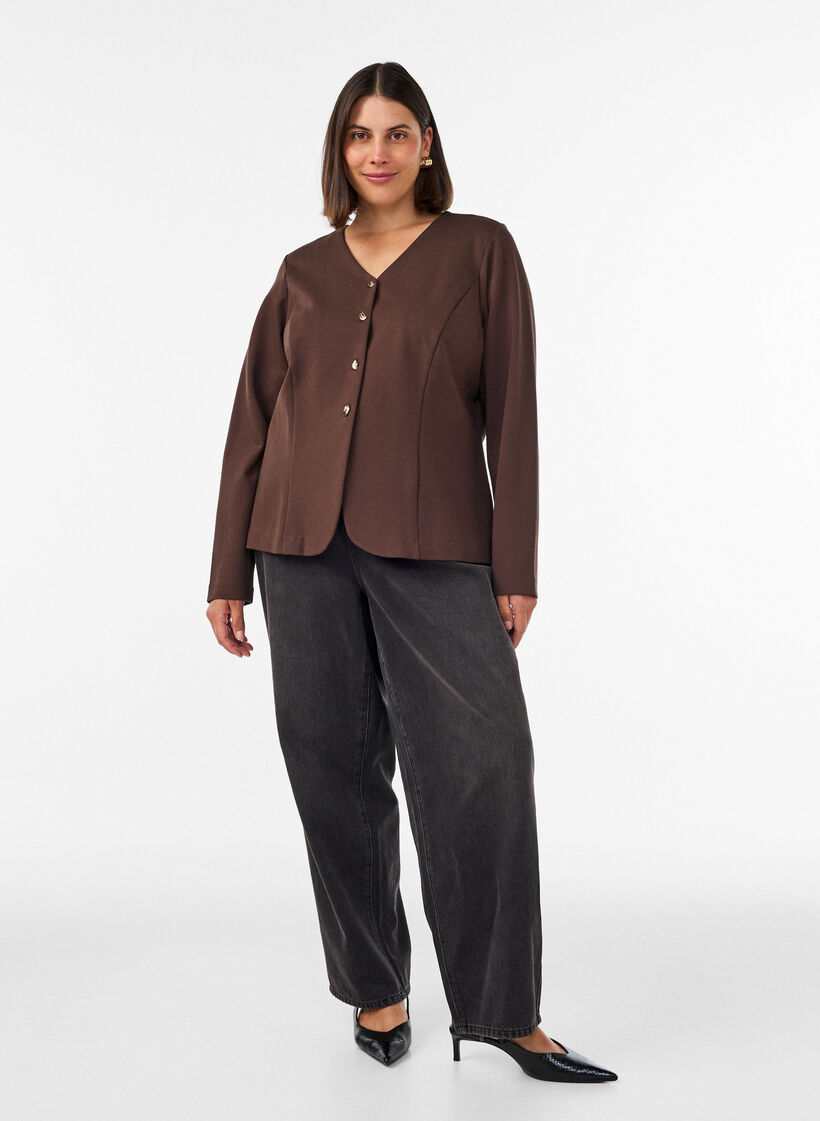Figursyet jerseycardigan med dekorative knapper, Brun, Model image number 1
