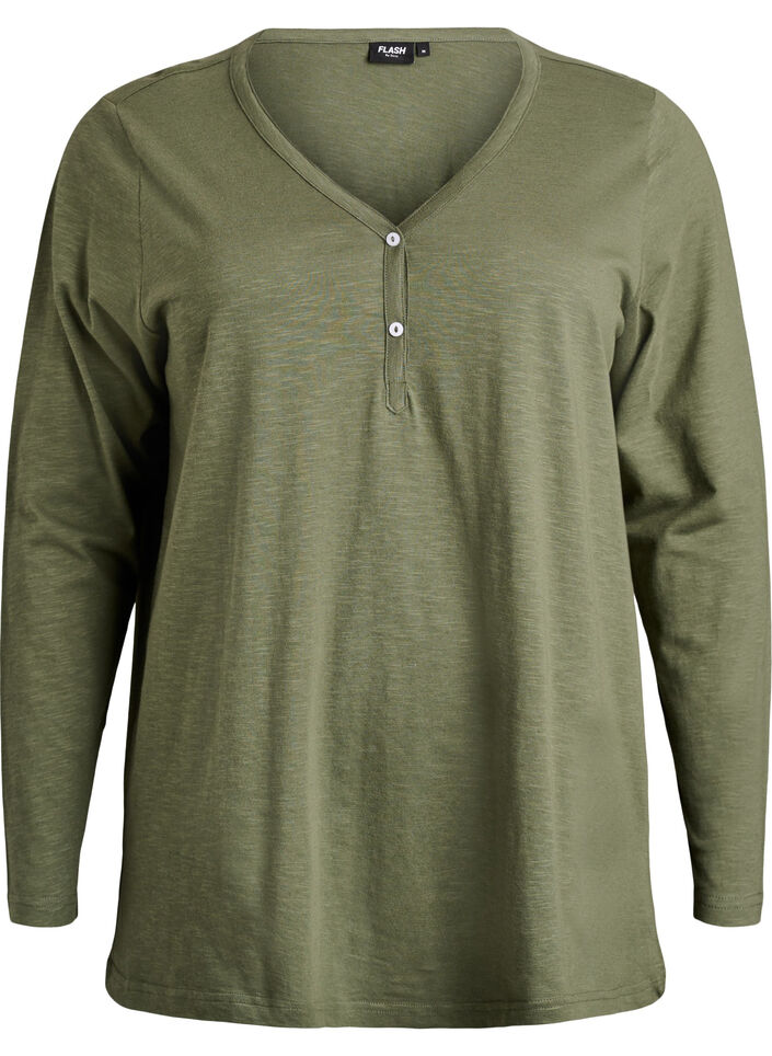 Lang&aelig;rmet t-shirt med V-hals og knapper, Gr&oslash;n, Packshot image number 0