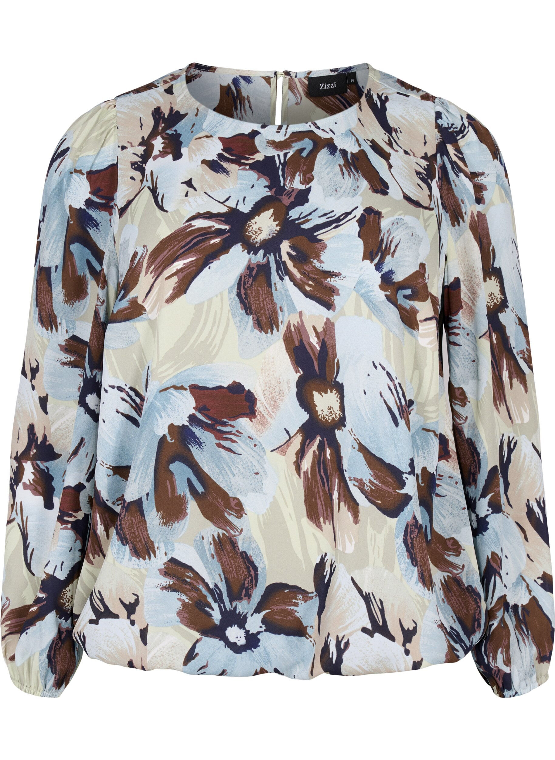 Zizzi Lang&aelig;rmet bluse med print og knap, Grey Flower AOP, Packshot image number 0