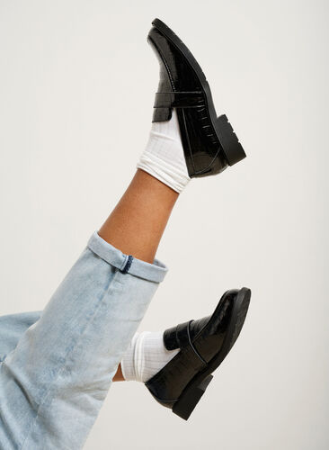 Wide fit croco loafers i læder, Black, Image image number 1