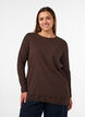 Jerseybluse med asymmetrisk blondekant, Brun, Model image number 0